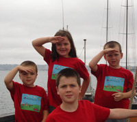 Grandchildren saluting on a ship